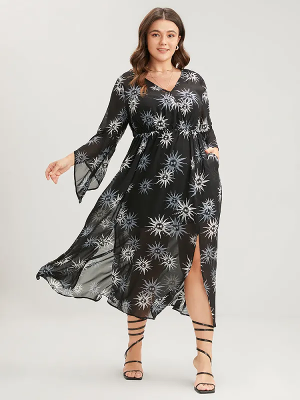Halloween Sun Print Bell Sleeve Mesh Split Dress sold by Bloomchic