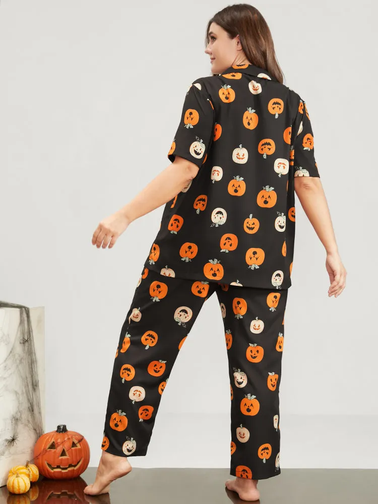 Halloween Pumpkin Print Lapel Collar Button Pajama Set sold by Bloomchic product image thumbnail 3
