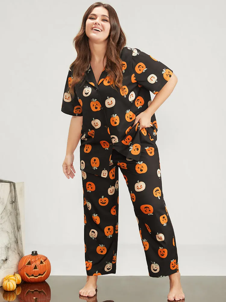 Halloween Pumpkin Print Lapel Collar Button Pajama Set sold by Bloomchic product image thumbnail 2