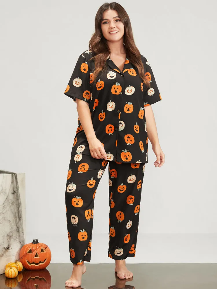 Halloween Pumpkin Print Lapel Collar Button Pajama Set sold by Bloomchic