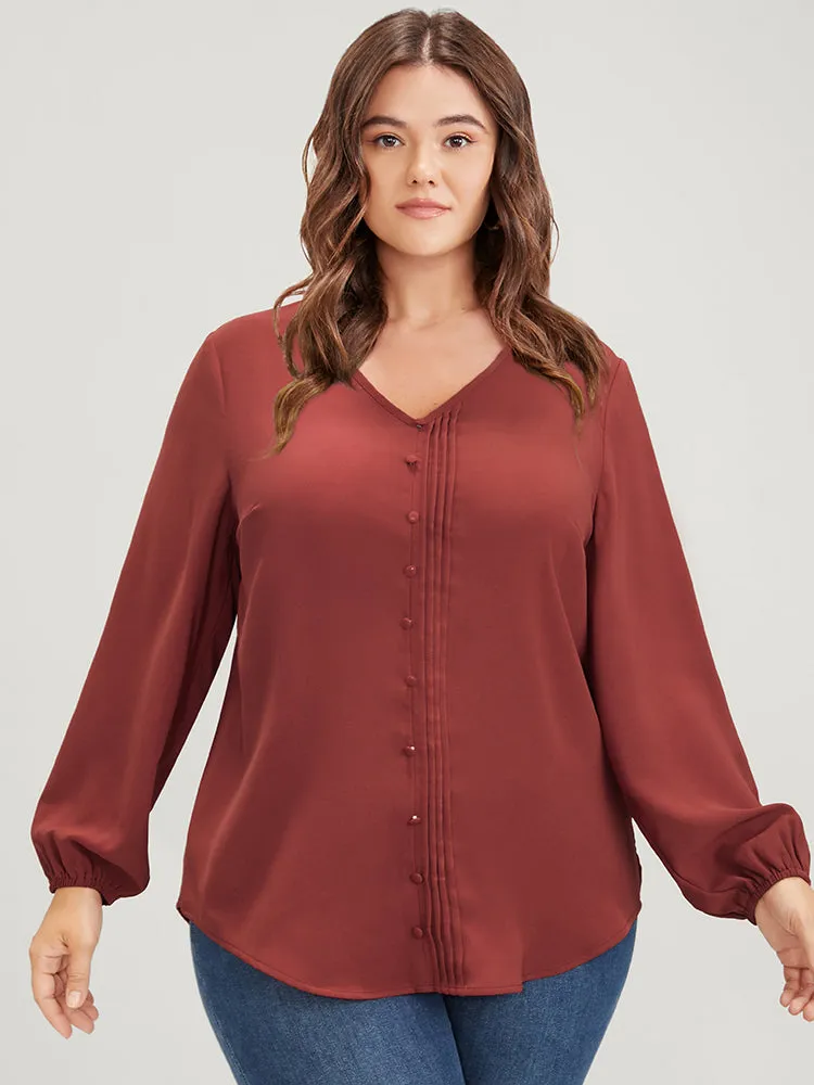 Solid Pleated Lantern Sleeve Btton Front Blouse sold by Bloomchic