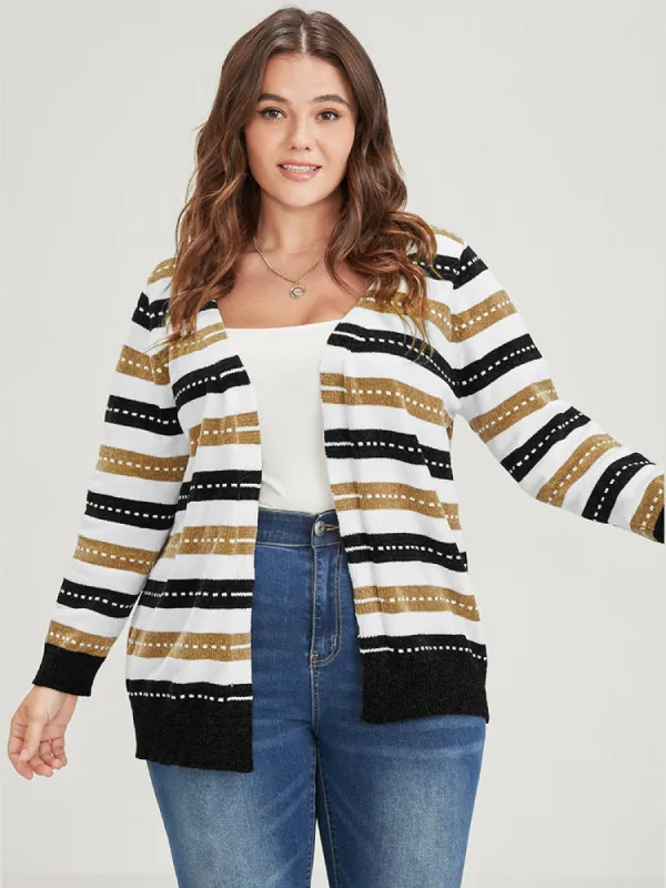Striped Contrast Pointelle Knit Jacquard Open Front Cardigan sold by Bloomchic