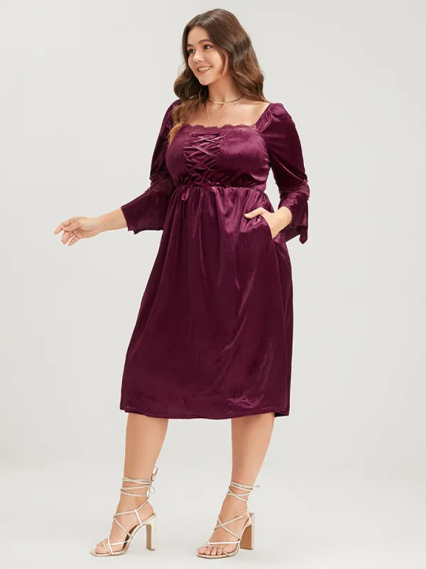 Halloween Solid Velvet Bell Sleeve Pocket Contrast Lace Ties Midi Dress sold by Bloomchic