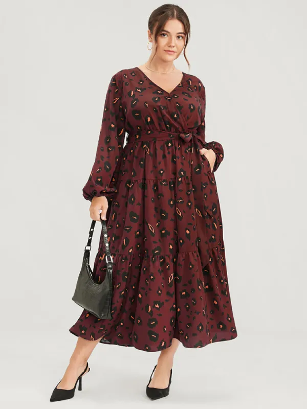 Pocket Button Surplice Neck Allover Print Belted Dress sold by Bloomchic