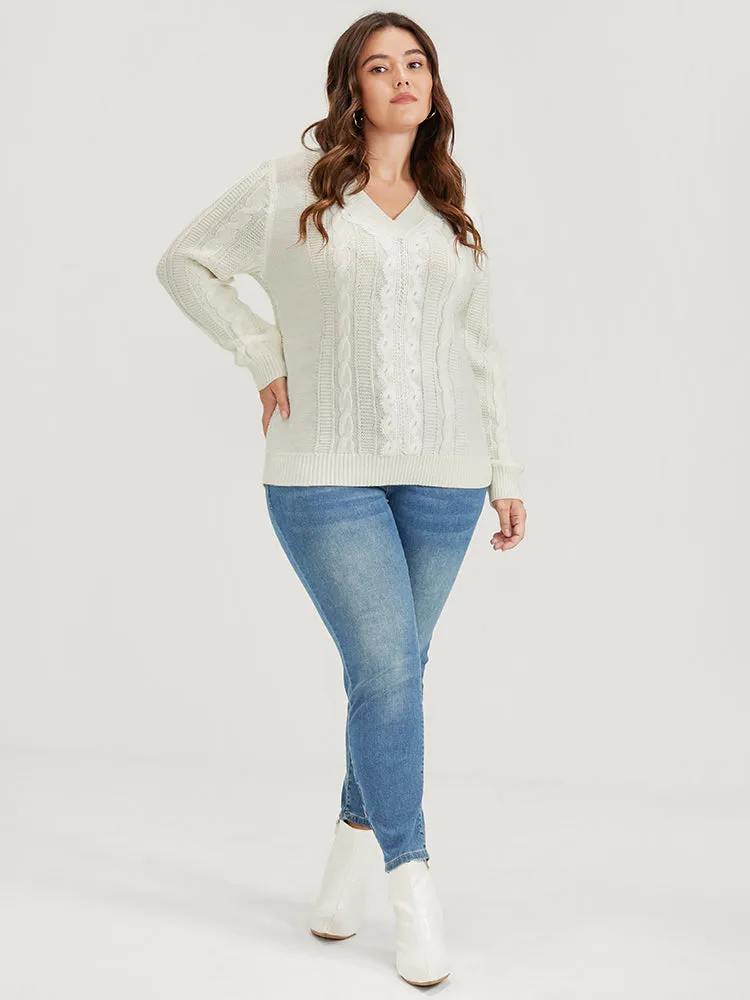 Plain Pointelle Knit V Neck Cable Knit Lace Patchwork Knit Top sold by Bloomchic product image thumbnail 4
