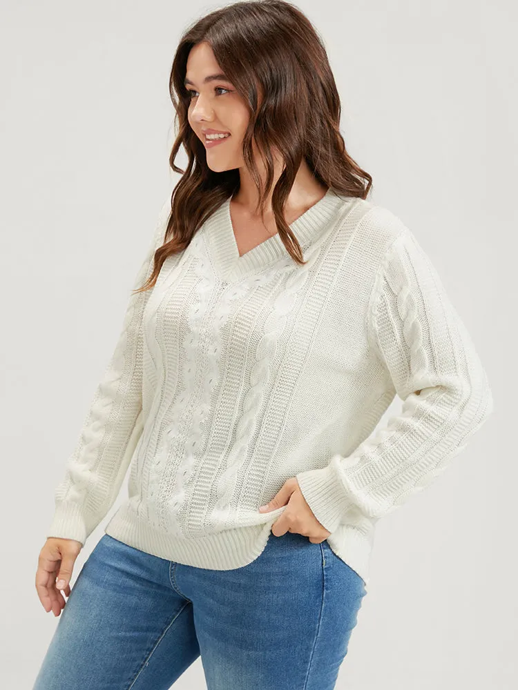 Plain Pointelle Knit V Neck Cable Knit Lace Patchwork Knit Top sold by Bloomchic