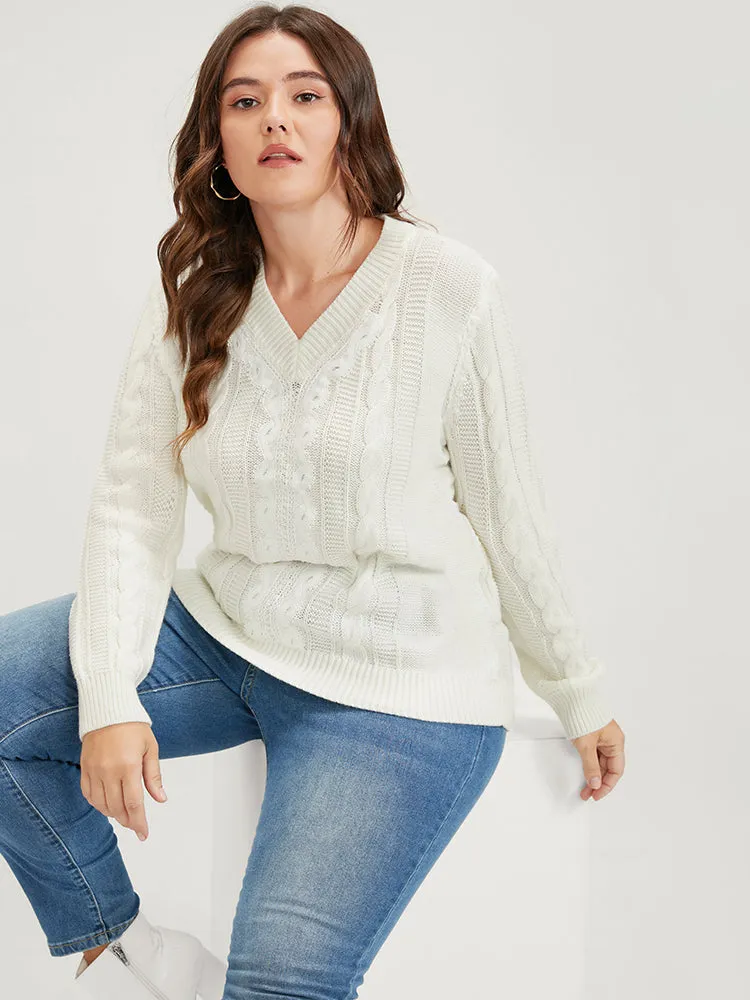 Plain Pointelle Knit V Neck Cable Knit Lace Patchwork Knit Top sold by Bloomchic product image thumbnail 3