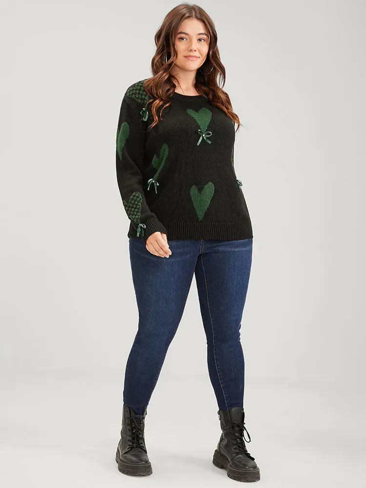 Heart Print Contrast Pointelle Knit Bowknot Beaded Knit Top sold by Bloomchic product image thumbnail 4