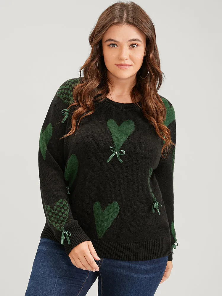 Heart Print Contrast Pointelle Knit Bowknot Beaded Knit Top sold by Bloomchic