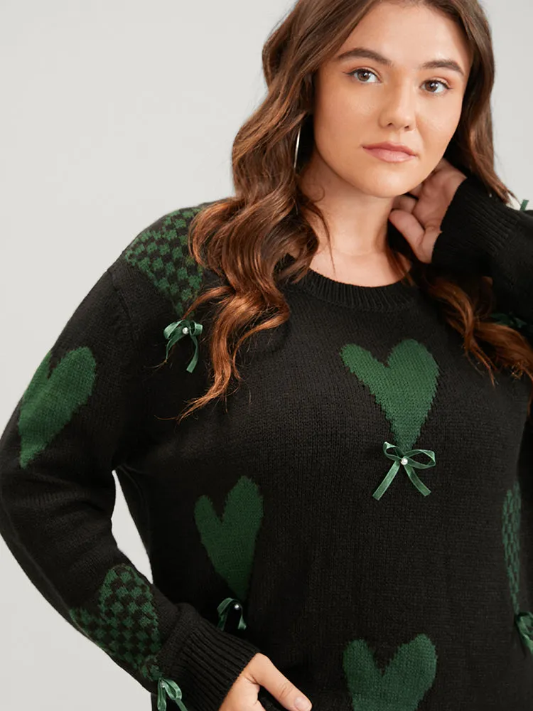 Heart Print Contrast Pointelle Knit Bowknot Beaded Knit Top sold by Bloomchic product image thumbnail 5