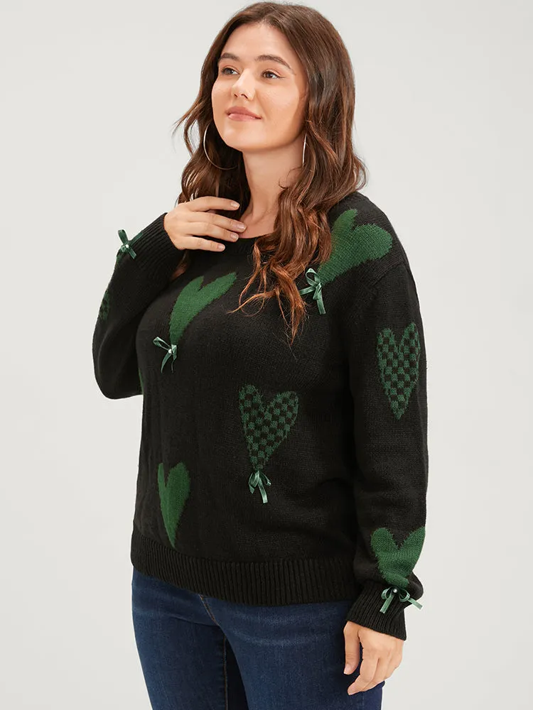 Heart Print Contrast Pointelle Knit Bowknot Beaded Knit Top sold by Bloomchic product image thumbnail 2