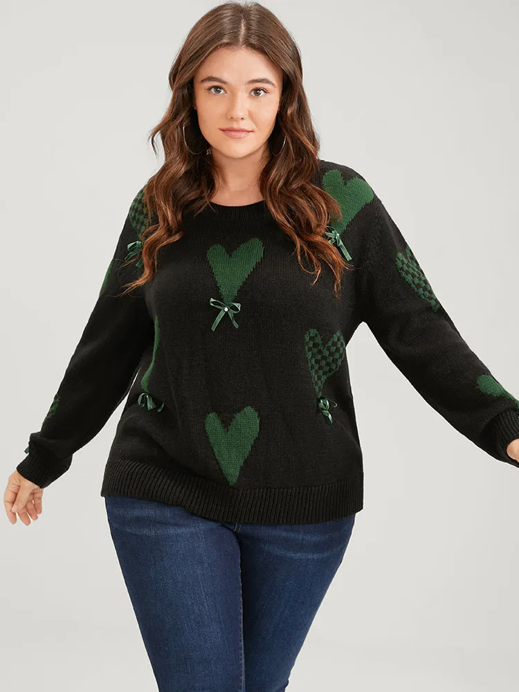 Heart Print Contrast Pointelle Knit Bowknot Beaded Knit Top sold by Bloomchic product image thumbnail 3