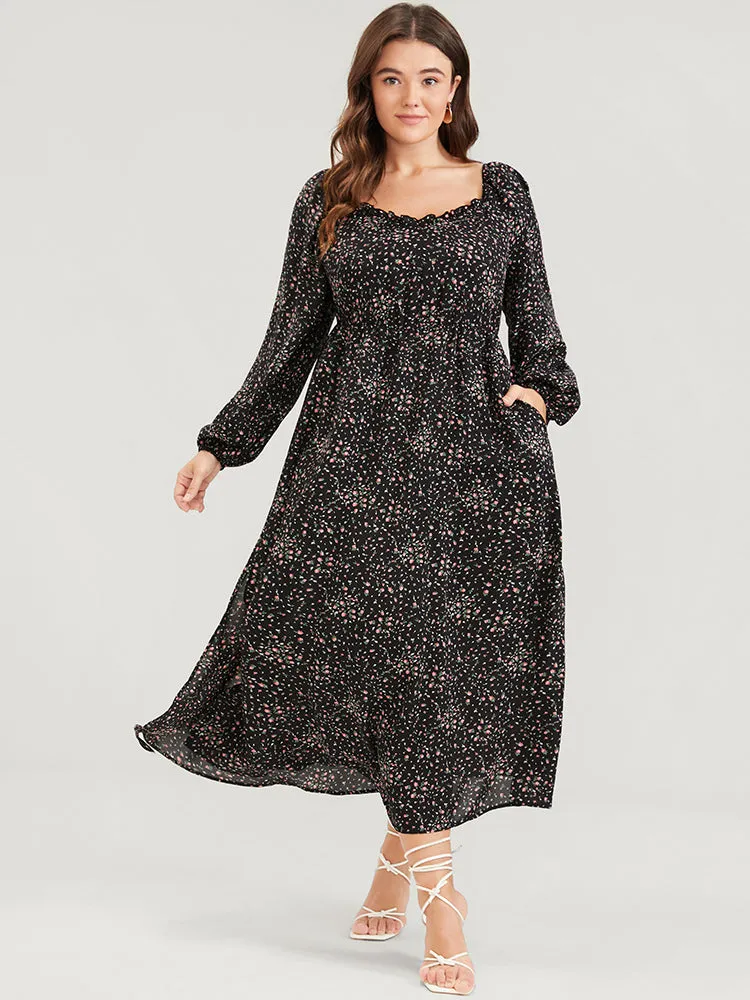 Ditsy Floral Lantern Sleeve Pocket Split Backless Midi Dress sold by Bloomchic