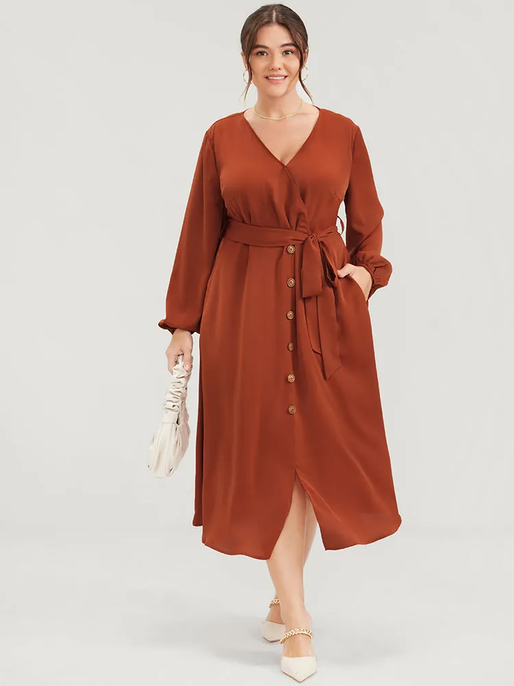 Plain Lantern Sleeve Pocket Button Belted Split Front Wrap Dress sold by Bloomchic product image thumbnail 2