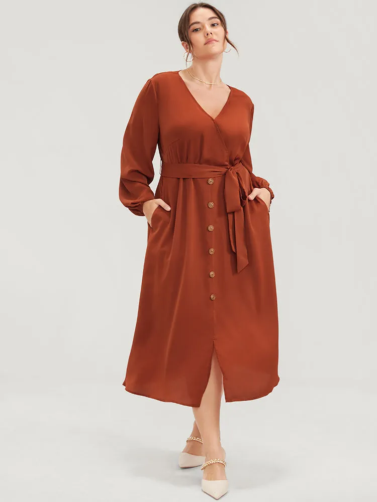 Plain Lantern Sleeve Pocket Button Belted Split Front Wrap Dress sold by Bloomchic product image thumbnail 4