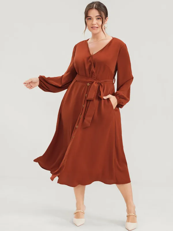 Plain Lantern Sleeve Pocket Button Belted Split Front Wrap Dress made by Bloomchic