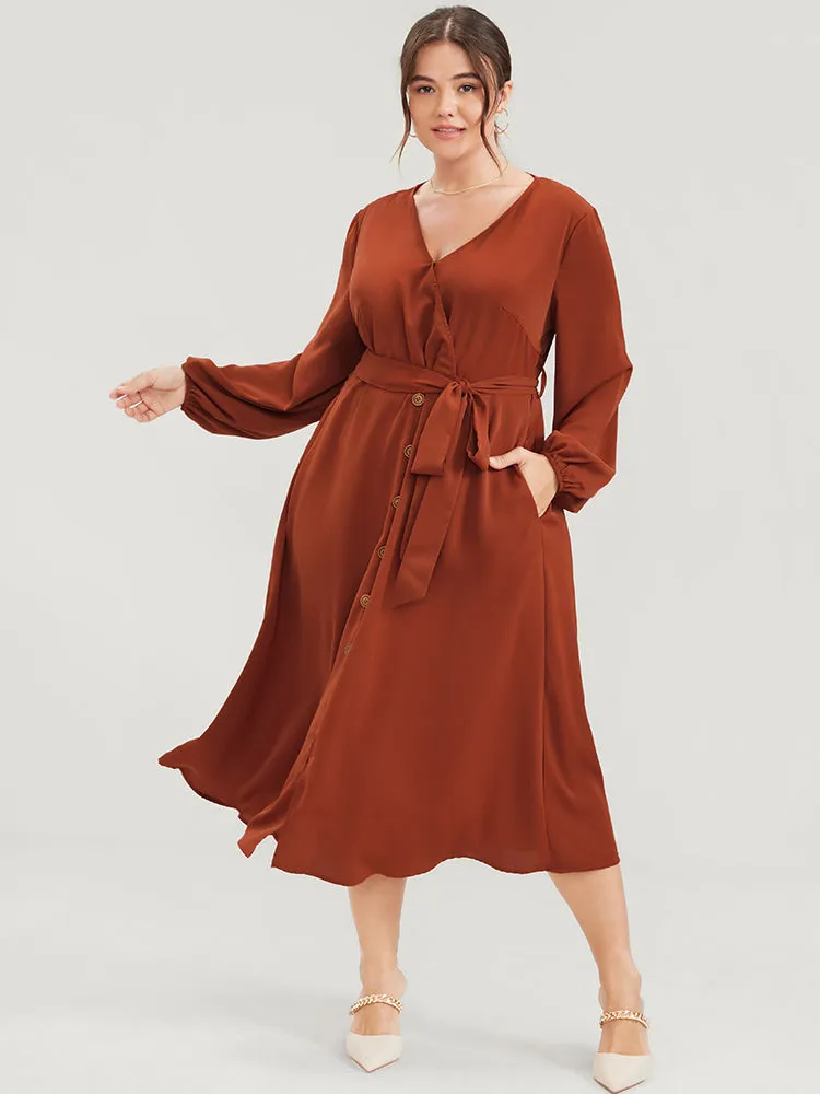 Plain Lantern Sleeve Pocket Button Belted Split Front Wrap Dress sold by Bloomchic