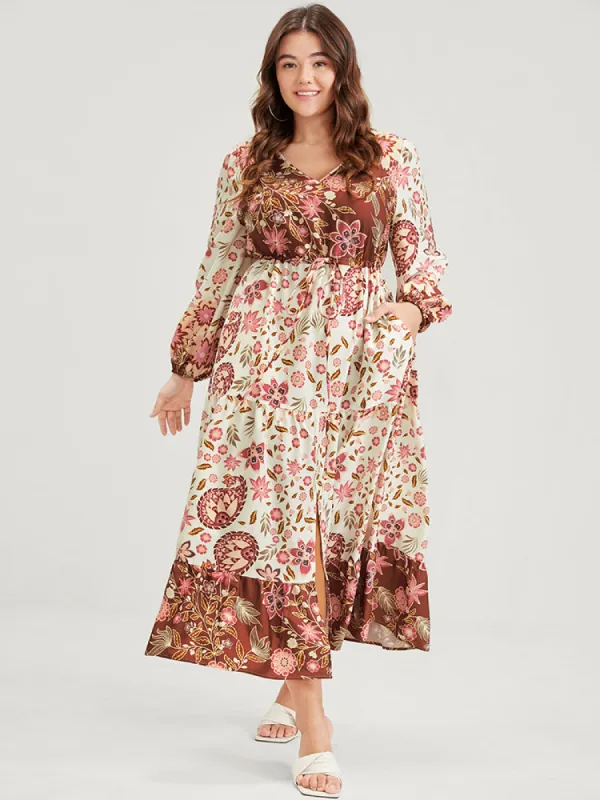 Floral Lantern Sleeve Pocket Split Tie Flutter Midi Dress sold by Bloomchic