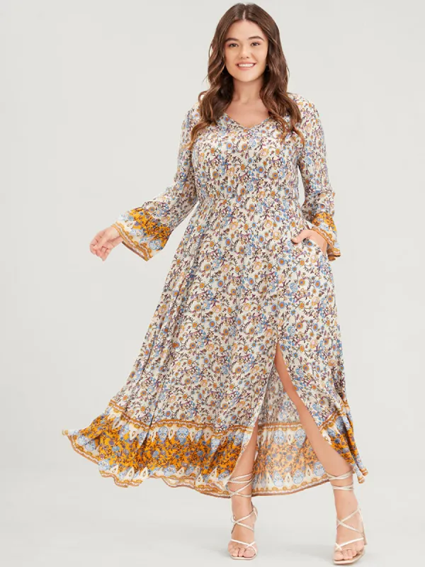 Floral V Neck Bell Sleeve Split Pocket Ruffles Maxi Dress sold by Bloomchic
