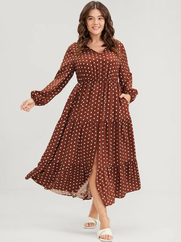 Polka Dot Lantern Sleeve Pocket Ruffle Tiered Split Maxi Dress sold by Bloomchic