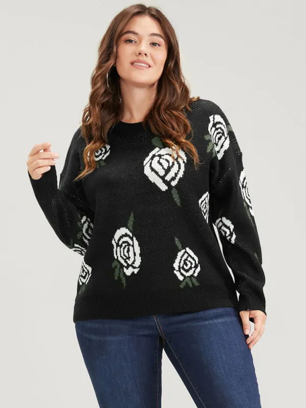 Solid Pointelle Knit Floral Jacquard Contrast Round Neck Knit Top sold by Bloomchic