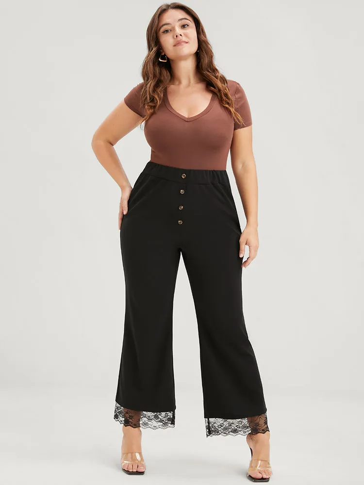 Solid Fake Button Scalloped Lace Trim Elastic Waist Pants sold by Bloomchic product image thumbnail 2