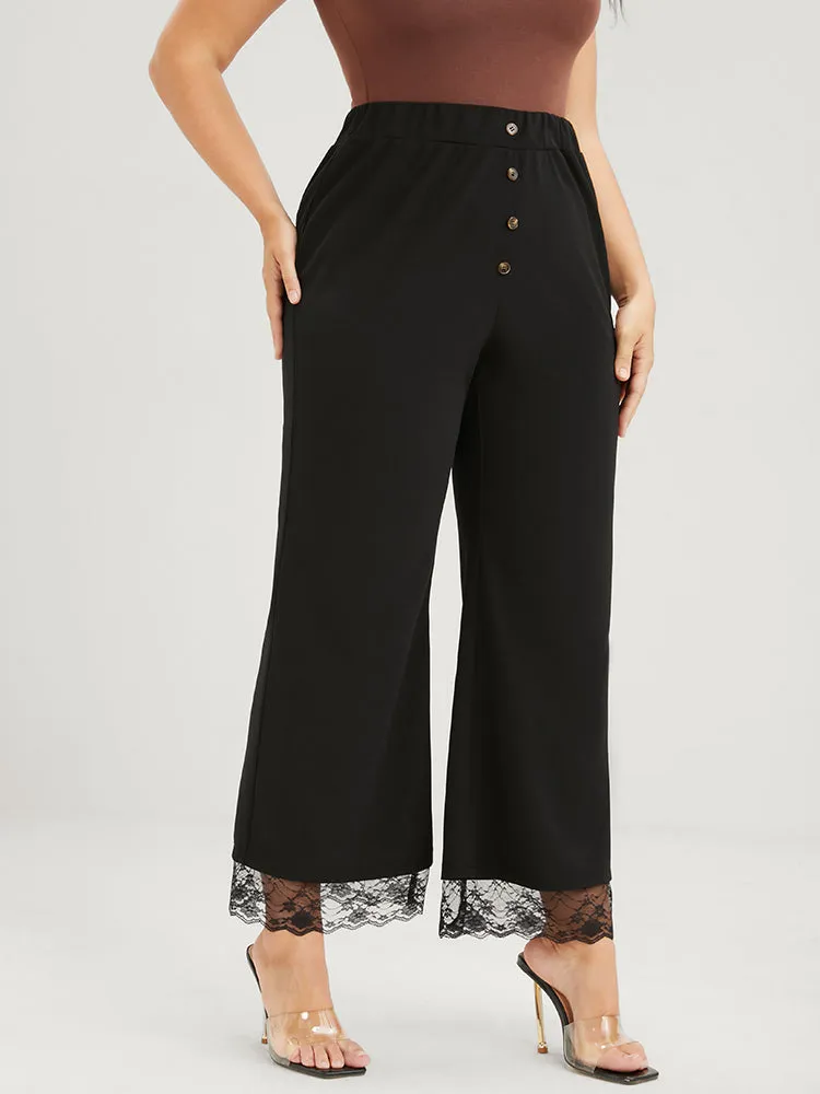 Solid Fake Button Scalloped Lace Trim Elastic Waist Pants sold by Bloomchic product image thumbnail 3