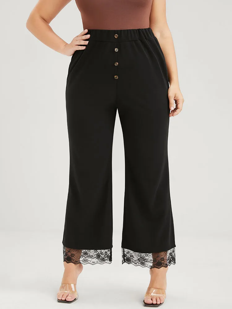 Solid Fake Button Scalloped Lace Trim Elastic Waist Pants sold by Bloomchic