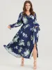 Floral Split Bell Sleeve Pocket Elastic Waist Flutter Wrap Dress sold by Bloomchic