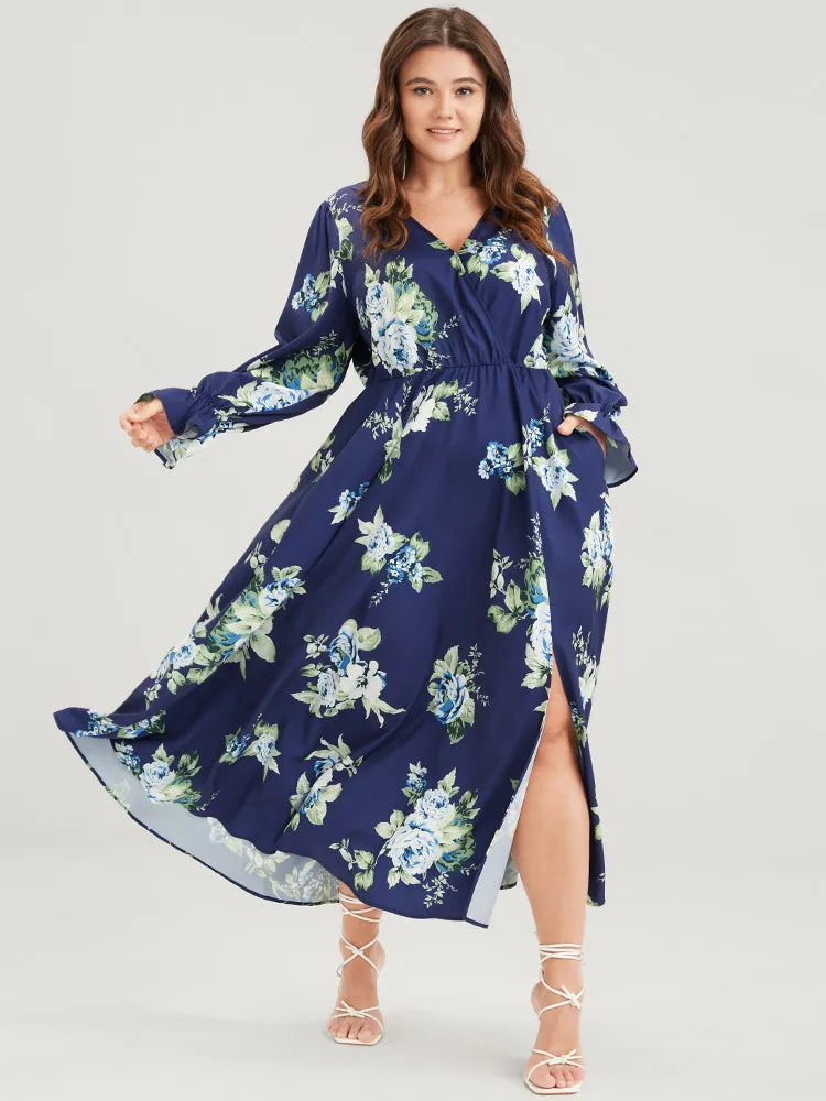 Floral Split Bell Sleeve Pocket Elastic Waist Flutter Wrap Dress sold by Bloomchic product image thumbnail 2