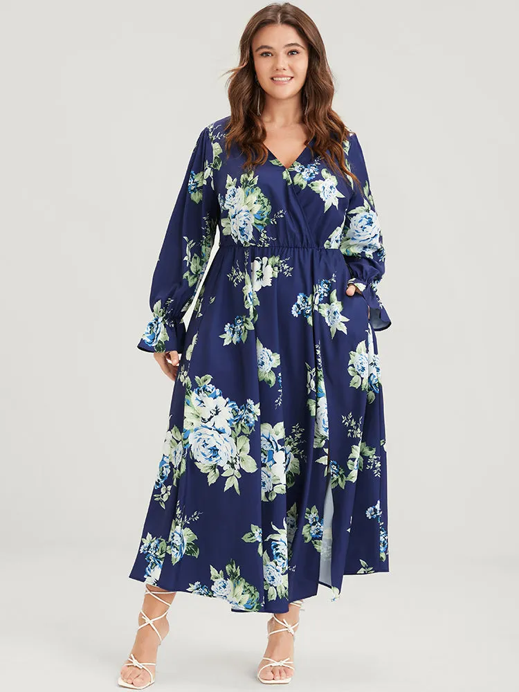 Floral Split Bell Sleeve Pocket Elastic Waist Flutter Wrap Dress sold by Bloomchic product image thumbnail 3
