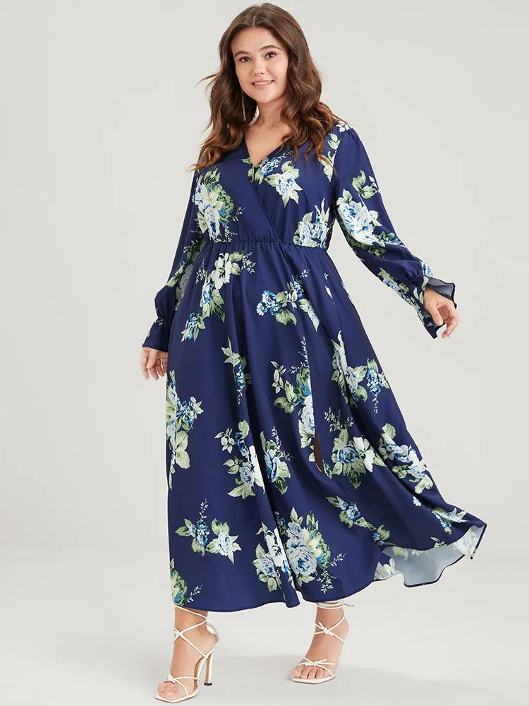 Floral Split Bell Sleeve Pocket Elastic Waist Flutter Wrap Dress sold by Bloomchic product image thumbnail 4