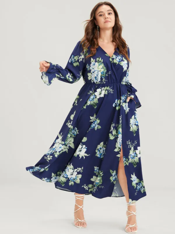 Floral Split Bell Sleeve Pocket Elastic Waist Flutter Wrap Dress sold by Bloomchic
