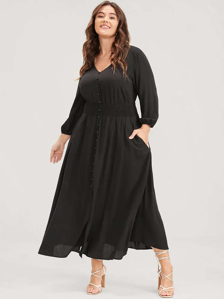 Solid V Neck Lantern Sleeve Pocket Button Shirred Split Dress sold by Bloomchic product image thumbnail 4