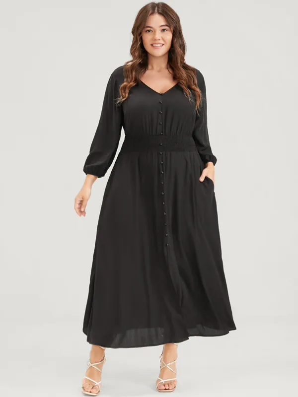 Solid V Neck Lantern Sleeve Pocket Button Shirred Split Dress sold by Bloomchic