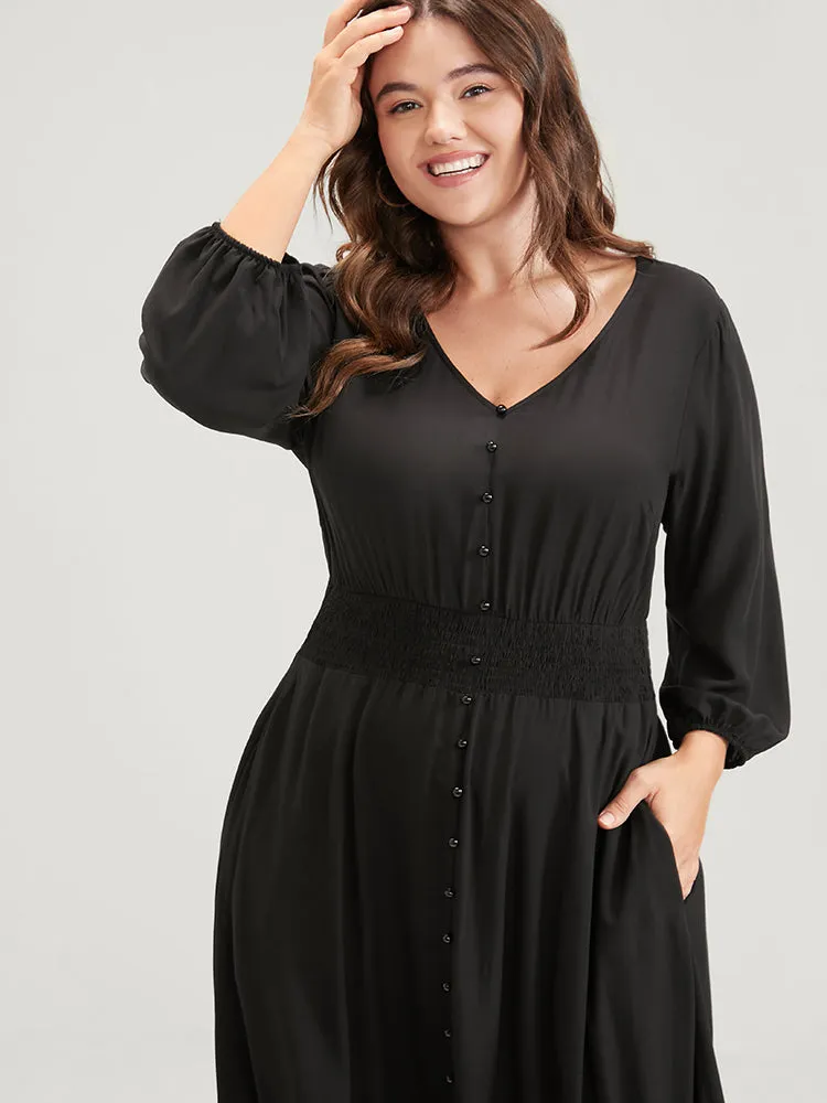 Solid V Neck Lantern Sleeve Pocket Button Shirred Split Dress sold by Bloomchic product image thumbnail 5