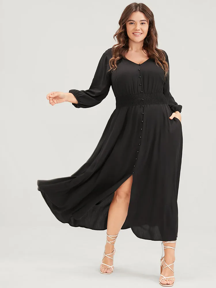 Solid V Neck Lantern Sleeve Pocket Button Shirred Split Dress sold by Bloomchic product image thumbnail 2