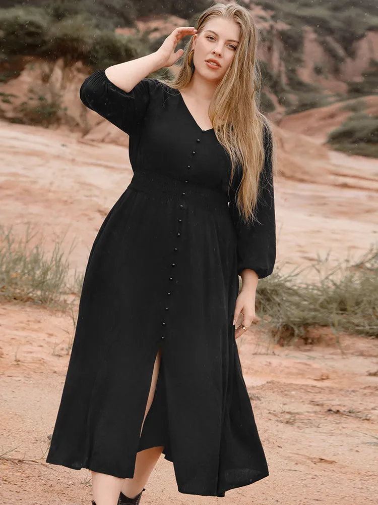 Solid V Neck Lantern Sleeve Pocket Button Shirred Split Dress sold by Bloomchic product image thumbnail 3