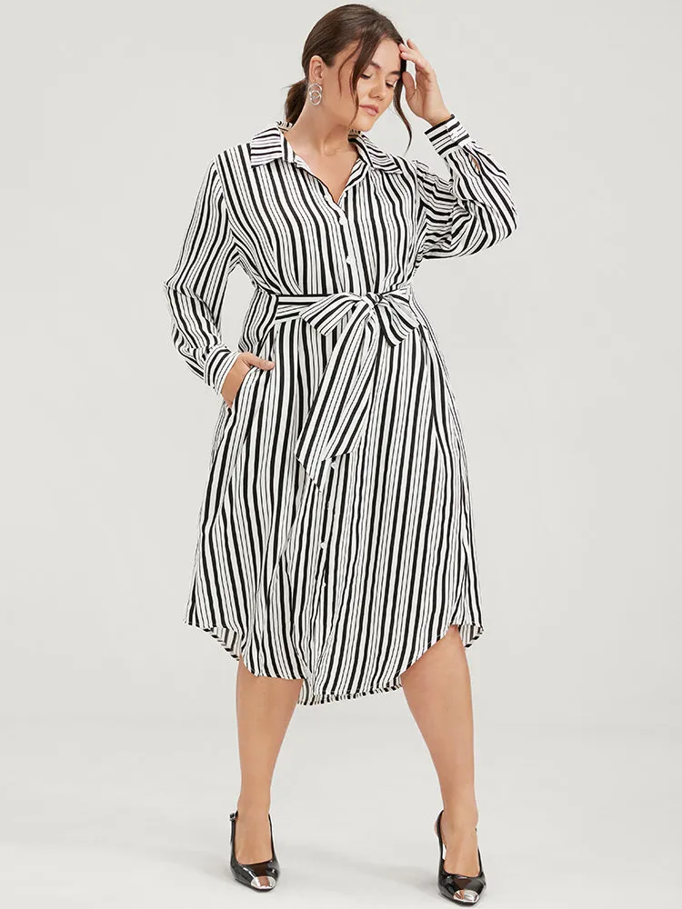 Striped Button Pocket Kontted Shirt Collar Arc Hem Dress sold by Bloomchic product image thumbnail 4