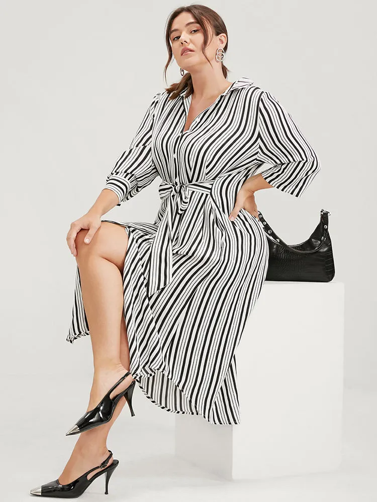 Striped Button Pocket Kontted Shirt Collar Arc Hem Dress sold by Bloomchic product image thumbnail 2