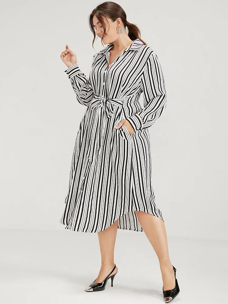 Striped Button Pocket Kontted Shirt Collar Arc Hem Dress sold by Bloomchic product image thumbnail 3