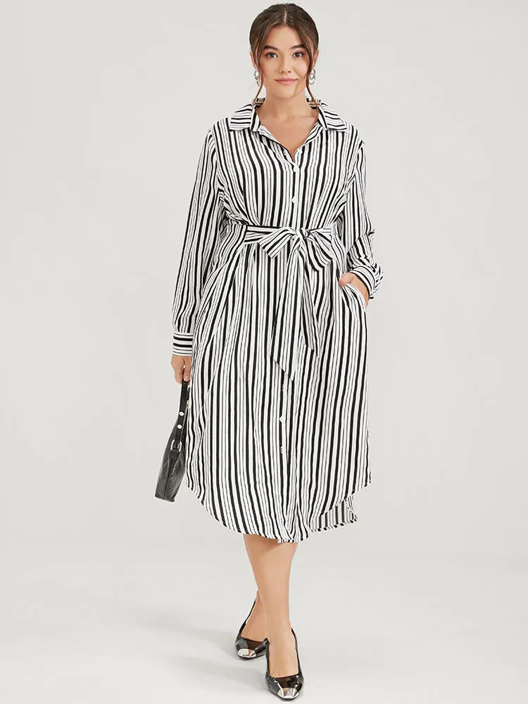 Striped Button Pocket Kontted Shirt Collar Arc Hem Dress sold by Bloomchic