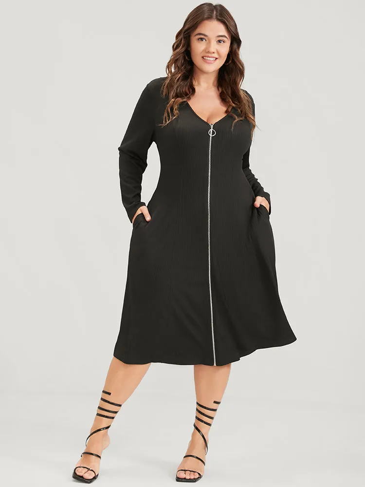 Plain V Neck Pocket Zip Up Midi Dress sold by Bloomchic