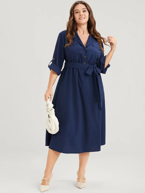 Plain Button Cuffed Sleeve Pocket Belted Lapel Collar Dress sold by Bloomchic