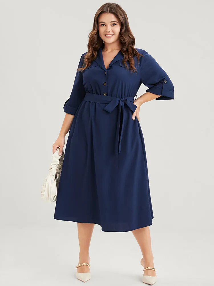 Plain Button Cuffed Sleeve Pocket Belted Lapel Collar Dress sold by Bloomchic product image thumbnail 2