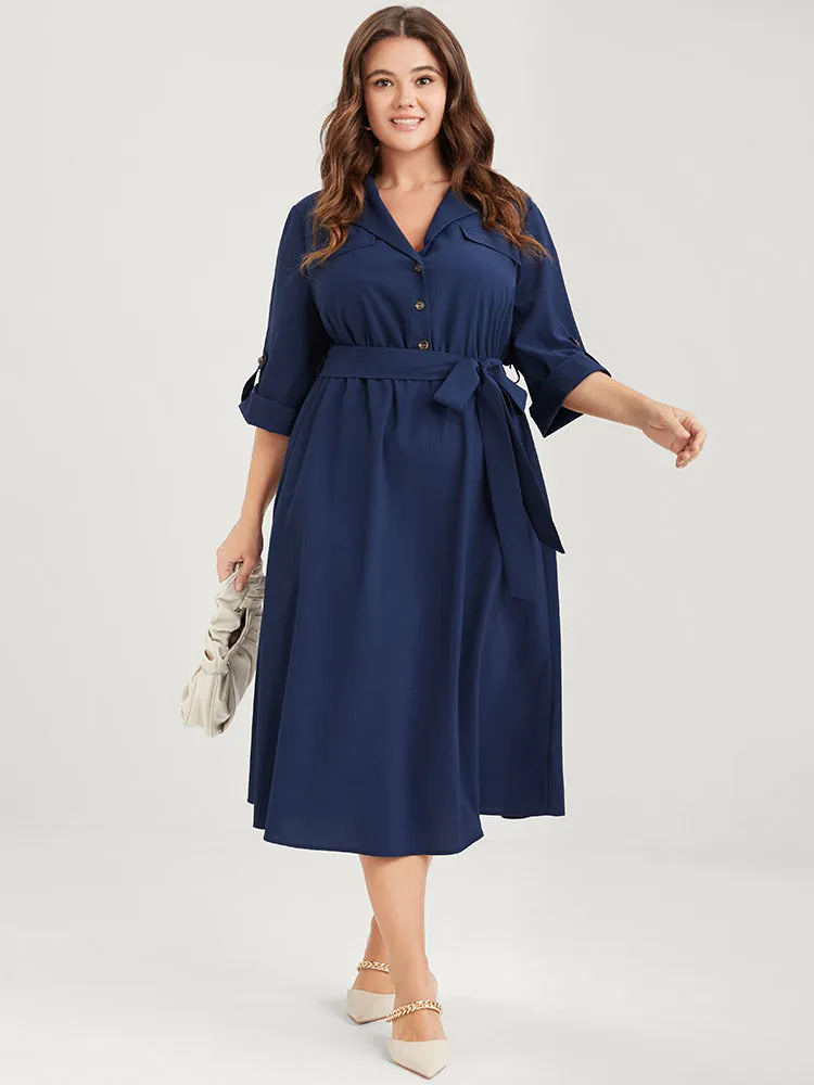 Plain Button Cuffed Sleeve Pocket Belted Lapel Collar Dress sold by Bloomchic product image thumbnail 3