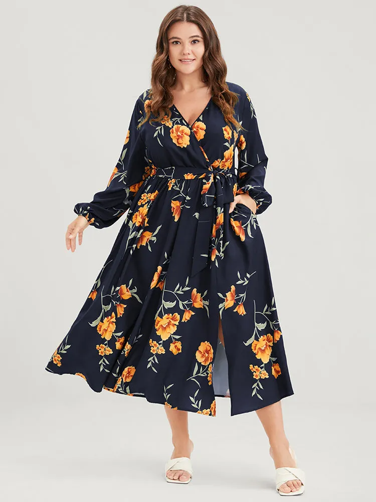Floral Pocket Lantern Sleeve Flutter Split Hem Ties Wrap Dress sold by Bloomchic product image thumbnail 3