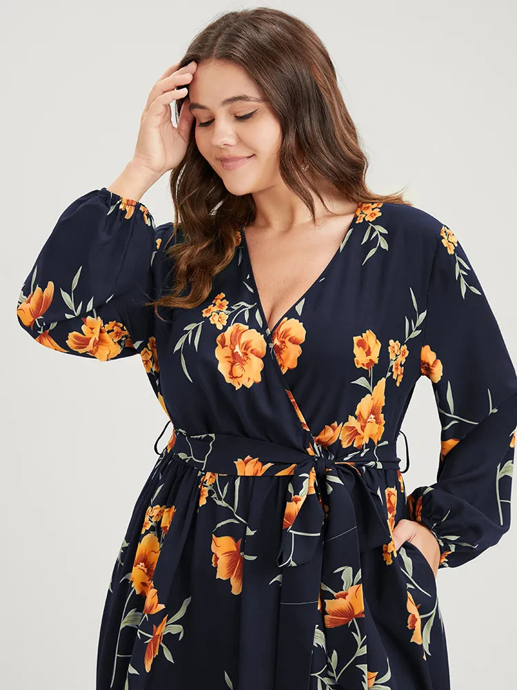 Floral Pocket Lantern Sleeve Flutter Split Hem Ties Wrap Dress sold by Bloomchic product image thumbnail 4