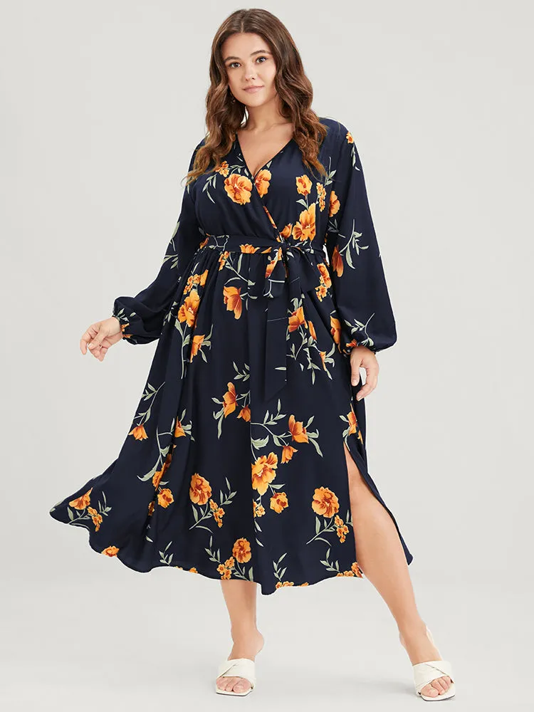 Floral Pocket Lantern Sleeve Flutter Split Hem Ties Wrap Dress sold by Bloomchic
