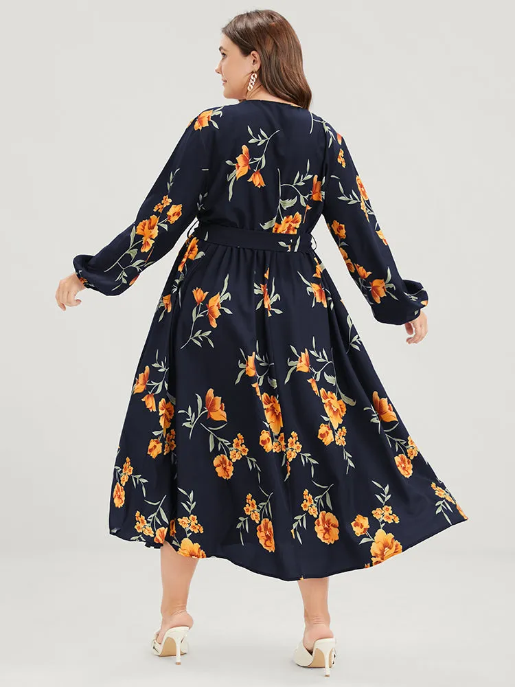 Floral Pocket Lantern Sleeve Flutter Split Hem Ties Wrap Dress sold by Bloomchic product image thumbnail 2